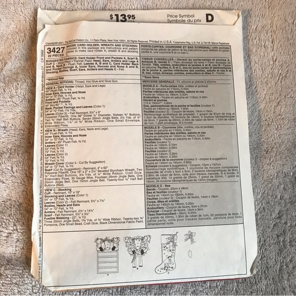 McCall's Crafts Stocking Moose Card Holder Wreath 3427 Sewing Pattern New - Picture 7 of 7